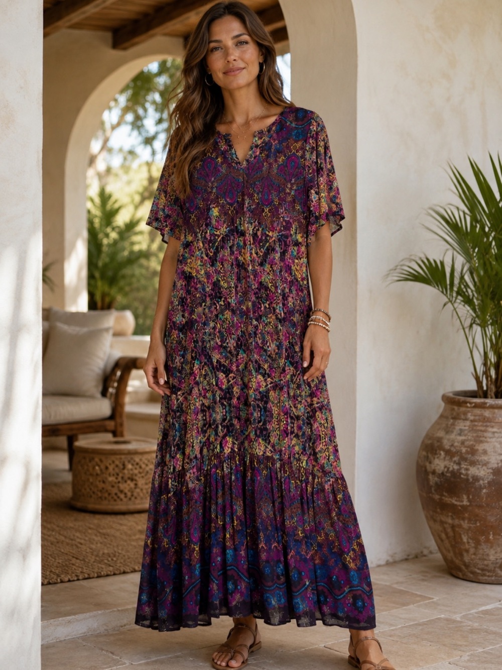Calessa Purple Paisley Boho Flutter Sleeve Maxi Dress XL